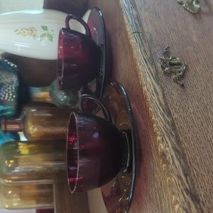 ☕Vintage Two Ruby Red Cup and Saucer